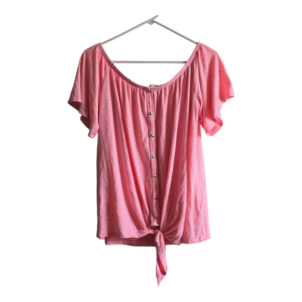 Cherish Pink & White Striped Tie-Front Button Down Blouse - Size L